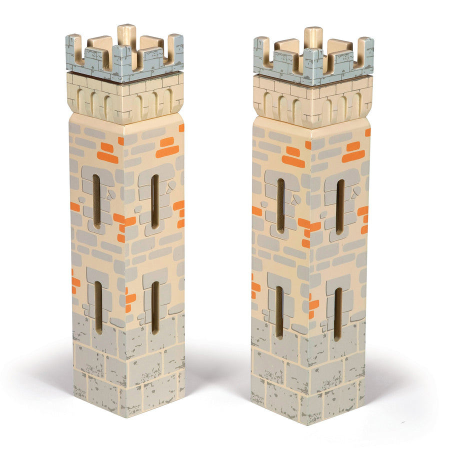 Set 2 château du Maître des armes (2 petites tours) Papo en bois, Collection Médiéval, pièces pour château modulable